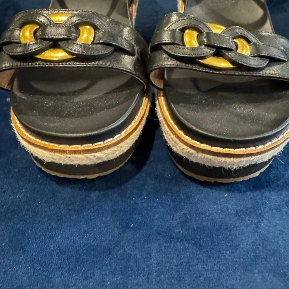 COLE HAAN Cloudfeel Espadrille 75MM Platform Wedge Sandals Black & Gold Size 8.5